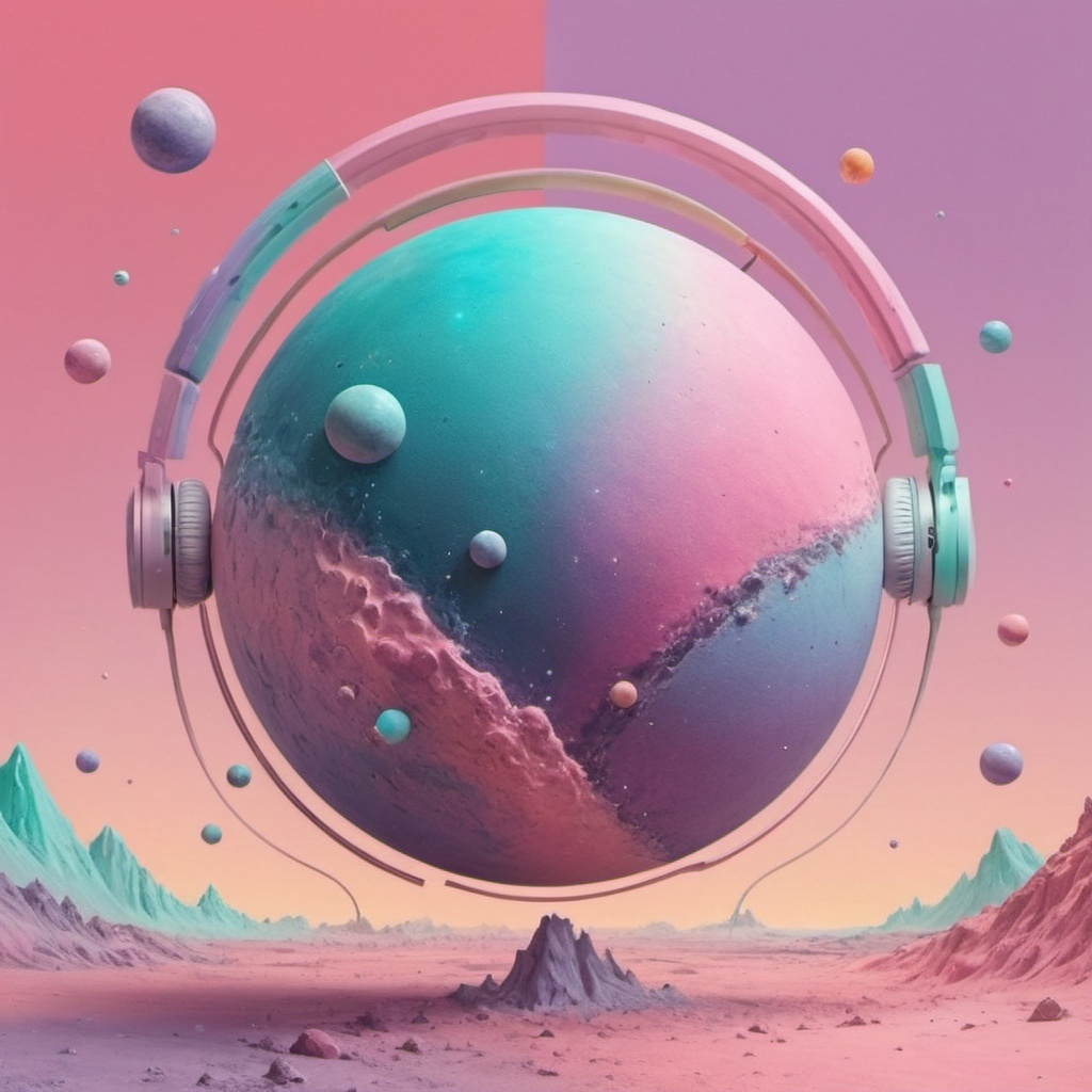 Capa de album de musica fazendo referencias futurísticas e nostálgicas com um planeta ao fundo e efeito de explosão de bolhas, com outro efeito pastel de degrade de cores #412D20 que combinem entre si e com o planeta usando um fone de ouvido